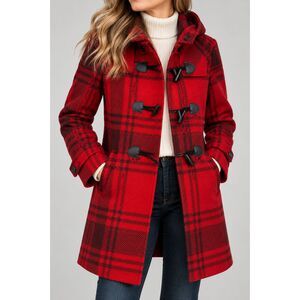 ASOS Red Plaid Hooded Duffle Coat Women's US 4 Wool Blend Toggle Jacket